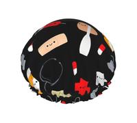 Shower Cartoon Medicine Pattern Print Cap For Women Reusable Waterproof, Double Layered Shower Hair Cap With Elastic Strap,One Size