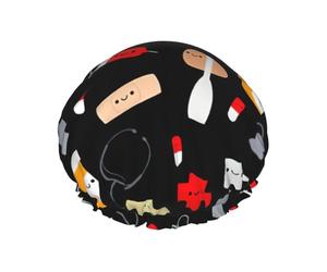 Shower Cartoon Medicine Pattern Print Cap For Women Reusable Waterproof, Double Layered Shower Hair Cap With Elastic Strap,One Size