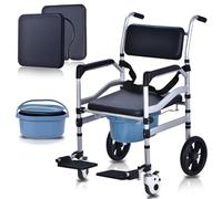Shower Chair with Wheels Aluminum Alloy 4 in 1 Foldable Height Adjustable Shower Wheelchair, Sturdy Rolling Shower Chair with Large Commode for Seniors (Black + Seat Board)