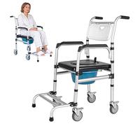Shower Chair with Wheels Aluminum Alloy 4 in 1 Foldable Height Adjustable Shower Wheelchair, Sturdy Rolling Shower Chair with Large Commode for Seniors (White)