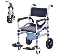 Shower Chair with Wheels Aluminum Alloy 4 in 1 Foldable Height Adjustable Shower Wheelchair, Sturdy Rolling Shower Chair with Large Commode for Seniors (Black)