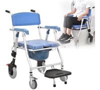 Shower Chair with Wheels for Elderly Adults and Disabled, Aluminum Foldable Commode Wheelchair - Rolling Shower Chair with Detachable Bucket & Pedal, Bedside Transport Chair Toilet Chair