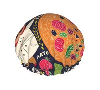 Shower Chef Pizza Print Cap For Women Reusable Waterproof, Double Layered Shower Hair Cap With Elastic Strap,One Size