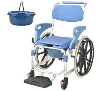 Shower Commode Wheelchair 4-in-1 Self Propel Wheeled Mobile Transport Chair Toilet for Seniors, Aluminum Rolling Bedside Commode Chair with Detachable Bucket, Footrests and Flip Up Armrests