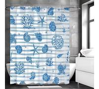 Shower Curtain 120x180 cm,Anti-Mould, Water-Repellent,with 8 Hooks,Washable Polyester Fabric Bath Curtains,Blue Striped Coral Shells Shower Curtain for Bathroom