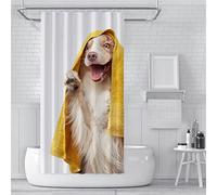Shower Curtain 150x150cm Extra Long Shower Curtains Mould Proof Resistant Waterproof Washable Bathroom Curtains,Weighted Bath Curtains with Hooks,3D Garden Shower Curtain White Dog Yellow Towel