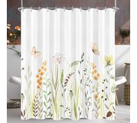 Shower Curtain, 180 x 160 cm, Fresh Butterfly Flowers, Weighted Hem, Anti-Mould, Water-Repellent, Washable Polyester Bath Curtains with 12 Eyelets and Shower Curtain Rings for Bathroom, Bathtub