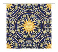 Shower Curtain 72x72 Inches, Vintage Celestial Baroque Blue Gold Sun Face Planet Astronomy Shower Curtain Set with 12 Hooks, Washable Fabric Shower Curtain, Rustic Farmhouse Bathroom Shower Curtain