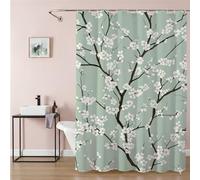 Shower Curtain 90 x 200 cm Sage Green Short Bathroom Curtains Flower, Waterproof Quick-Drying Washable Soft Polyester Fabric Shower Liner with Hooks and Weighted Hem, Hotel, Wet Room Tub 9Q-472
