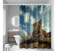 Shower Curtain Blue Brown Cat Mould Resistant Shower Curtains for Bathroom Washable Polyester Bathroom Curtains Decor Wet Room Quick Dry Anti Mould Bath Curtain with 12 Hooks 200x220cm