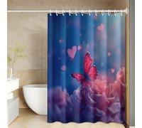 Shower Curtain Butterfly Blue Heart Mould Resistant Shower Curtains for Bathroom Polyester Washable Bathroom Curtains Anti Mould Durable Wet Room Bath Curtain Decor with 12 Hooks 200x200cm