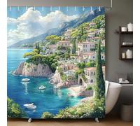 Shower Curtain Coastal city buildings 200 x 200 cm Waterproof Polyester Bathroom Curtain with 12 Hooks, Quick-Dry Shower Curtain for Wet Room