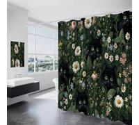 Shower Curtain Dark Green Mould Proof Resistant, Strange Cat Flowers Wildflowers Daisies Bathroom Curtains with 14 hooks, Quick-Drying Weighted Polyester 240×200cm/94×79 In Shower Curtains for Tub