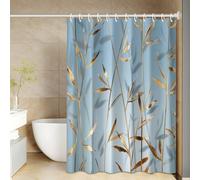 Shower Curtain Golden Blue Bamboo Mould Resistant Shower Curtains for Bathroom Polyester Washable Bathroom Curtains Anti Mould Durable Wet Room Bath Curtain Decor with 12 Hooks 200x240cm