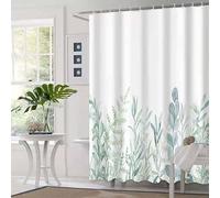 Shower Curtain Green White Plants Anti Mould Shower Curtain Polyester Shower Curtains Mould Proof Resistant Bathroom Curtains Durable Wet Room Shower Curtain with 12 Hooks 150x180cm