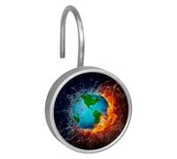 Shower Curtain Hooks, Globe Fire and Water Shower Curtain Rings Stainless Steel Rust-Proof Shower Hooks Rings for Bathroom Shower Rods Curtains, Set of 12 Hooks