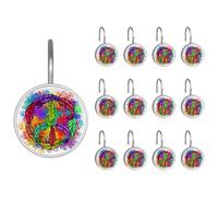 Shower Curtain Hooks, Pacific Symbol Feathers Peace Love Colored Illustration Shower Curtain Rings Stainless Steel Rust-Proof Shower Hooks Rings for Bathroom Shower Rods Curtains, Set of 12 Hooks