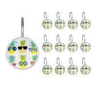 Shower Curtain Hooks, Pineapple with Glasses Shower Curtain Rings Stainless Steel Rust-Proof Shower Hooks Rings for Bathroom Shower Rods Curtains, Set of 12 Hooks