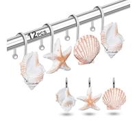 Shower Curtain Hooks Rings, 12PCS Anti Rust Seashell Decorative Resin Hooks for Beach Bathroom, Baby Room, Bedroom, Living Room Décor
