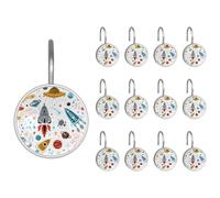 Shower Curtain Hooks, Space Cartoon Rockets Planets Stars Comets UFO Pattern Shower Curtain Rings Stainless Steel Rust-Proof Shower Hooks Rings for Bathroom Shower Rods Curtains, Set of 12 Hooks