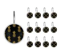 Shower Curtain Hooks, Summer Gold Pineapple Fruit Pattern Shower Curtain Rings Stainless Steel Rust-Proof Shower Hooks Rings for Bathroom Shower Rods Curtains, Set of 12 Hooks