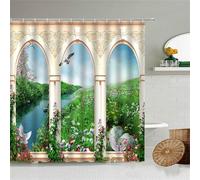 Shower Curtain Modern Nordic W300cm x L200cm Shower Curtains for Bathroom,Weighted Hem Waterproof Bathroom Curtains with 12 Hooks,3D Outdoor Garden Machine Washable Fabric Hotel Bathtubs Decor M-3070
