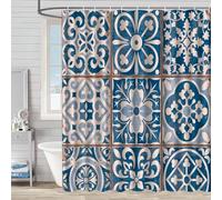 Shower Curtain Moroccan Retro Blue Bathroom Curtains Polyster Fabric Wet Room Mould Proof Resistant Waterproof Garden with 12 Hooks for Bath Tub Shower Stall (150x180cm)