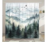 Shower Curtain Mould Proof Mildew Resistant, 183*183cm Waterproof Retro Curtain Showers, Polyester Fabric Mountain Forest Pattern Bathtub Curtain with 12 Hooks, Quick Dry Washable Bathroom Curtains