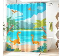 Shower Curtain Mould Proof Resistant Waterproof Cartoon Fun Dinosaur Beach Palm Trees Tropical Flying Dino Playful Bathroom Curtains With Hooks Polyester Shower Curtains For Bathroom 180 x 150 cm