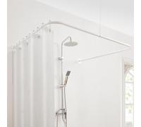 Shower Curtain Pole, U Shaped Shower Curtain Rail for Bathroom, Clothing Store, 304 Stainless with 12 Ring Hooks & Ceiling Support [ Both Sides: 60cm - 132cm, Middle: 78cm - 118cm ] (White)