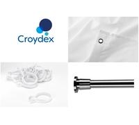 Shower Curtain Set of 3: Rod 1100-2600mm, Weighted Curtain Withe, Rings -Croydex