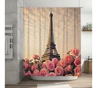 Shower Curtain Set with 12 Hooks Waterproof Fabric Washable Curtain Eiffel Tower with Rose Flower Shower Curtains Modern Farmhouse Bath Curtains for Bathroom Bathtub Decoration 72x72 Inches 183x183 cm