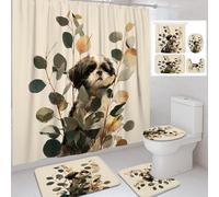 Shower Curtain Set with Cute Dog Design, Green and Beige Leaves Pattern for Bathroom Decor, Cozy Modern Style Dogs Themed Accessories, Perfect for Spring and Everyday Use 72x72 Inch