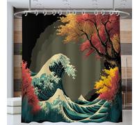 Shower Curtain,The Great Wave Off Kanagawa Bathroom Curtain with 12 Hooks,180x180cm Waterproof Weighted Polyester Fabric Bathtub Curtains,Washable,Quick Dry Japanese Style Waves Bathroom Bath Decor
