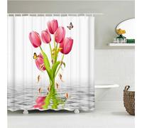 Shower Curtain Waterproof Polyester Fabric Bathroom Curtain, Tulips Flowers Washable Bath Curtains, Quick-Drying, Weighted Hem 240x180cm/96inx72in, With Hooks Shower Curtains for Wet Room O-373