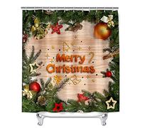 Shower Curtain Waterproof Stain Proof Resistant Bathroom Curtain, Meiju 3D Green Red Christmas Polyester Washable Quick Dry Curtain with 12 Hooks for Shower Stall (Christmas decoration,90x180cm)