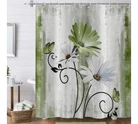 Shower Curtains Bathroom FarmFloral 120x180,Rustic Sage Green Daisy Flowers and Butterfly on Country Wooden Board watertight Polyester Fabric Washable with Hooks