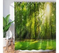 Shower Curtains Bathroom Forest 90x180,Green Jungle Tall Trees Sunshine Nature Landscape 3D Scenery watertight Polyester Fabric Washable with Hooks