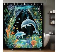 Shower Curtains Ocean cartoon dolphins 3D Printed Waterproof Polyester Bathroom Curtain with 12 Hooks, Decorative Bathtub & Shower Curtain 240 x 200cm