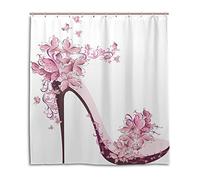 Shower Curtains Waterproof Mould Proof Mildew Resistant Girls Pink Shoe Butterfly Printed Washable Polyester Bath Curtain with Durable Hooks for Bathroom Home Decoration Accessories 66 x 72 inch