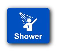 Shower Door Sign - Waterproof Self-Adhesive Metal-Effect Plate, Universal Icon & Text, Peel & Stick, 115×95mm - Bathroom/Changing Room/Gym/Spa/Pool (Silver/Gold/Blue)