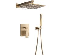 Shower Faucet Set Brushed Gold Bathroom Faucet Brass Rain Shower Head Wall Mounted Shower Arm Diverter Mixer Square Top Spray Handheld Spray Shower System Set-8 inch
