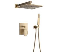 Shower Faucet Set Brushed Gold Bathroom Faucet Brass Rain Shower Head Wall Mounted Shower Arm Diverter Mixer Square Top Spray Handheld Spray Shower System Set-8 inch,10inch