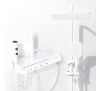 Shower Faucet Set with LED Digital Display, 4 Ways Piano Keys, Rainfall, 3 Modes Hand, Tub Spout and Bidet Sprayer, Wall Mounted High Adjustable,White