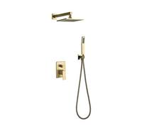 Shower Faucet System Mixer Set, Brass Bathroom Shower System, 8-10" Square Rianfall Shower Head Brushed Gold Wall Mounted Bathroom Faucet with Shower Arm with Shower Head