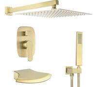 Shower Faucet System Mixer Set, Wall Mounted Brass with Waterfall Tub Taps 10-12" Rainfall 3 Functions Shower System with Handheld Shower Head and Shower Hose for Family Bathroom,C