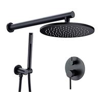 Shower Faucet System Set Brass Black Bathroom Shower System Wall Shower Arm Diverter Mixer with Wall Mounted Waterfall Rain Shower Head, Hand Shower Parts and 2-Function Show,10inch