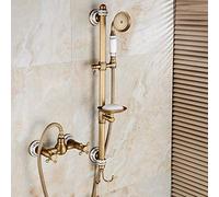 Shower Faucet Wall Mounted Antique Brass Bath Tap Swivel Tub Filler Ceramic Style Lift Sliding Bar with Soap Dish Mixer,