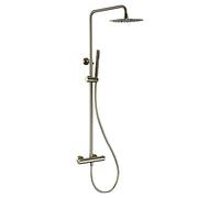 Shower Faucet with Thermostat, Brushed Gold Shower Mixer Valve Set Bathroom Thermostatic Faucet Wall Mount Shower Arm Diverter with Handheld Spray and Rain Head Brass Shower,Brushed Gold-12 inch