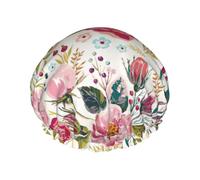 Shower Flower Leaf Print Cap For Women Reusable Waterproof, Double Layered Shower Hair Cap With Elastic Strap,One Size